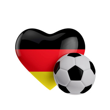 Germany flag heart shape with a soccer ball. Love football. 3D Rendering