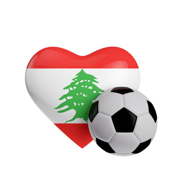 Lebanon flag heart shape with a soccer ball. Love football. 3D Rendering