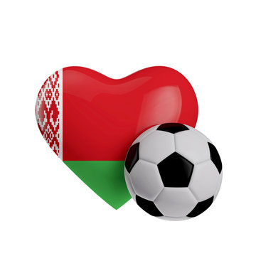 Belarus flag heart shape with a soccer ball. Love football. 3D Rendering