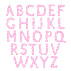 Alphabet, bubbles letters, pink foam font, vector