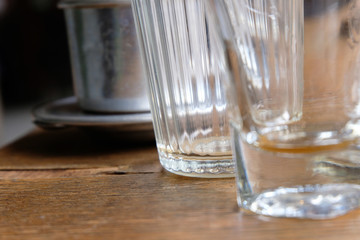 close-up glass of water on table