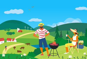 Family barbecue picnic. Summer outdoors concept. Cartoon colorful poster. Season holiday leisure banner background. Mountain valley in green wood hills. Weekend BBQ of young happy couple on nature