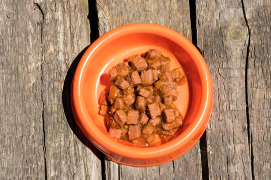 Canned food for cats or dogs in a orange plastic bowl