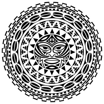 Circular pattern in form of mandala with Thunder-like Tiki is symbol-mask of God. Traditional ornaments of Maori people - Moko style. Vintage decorative tribal border from elements of African theme.