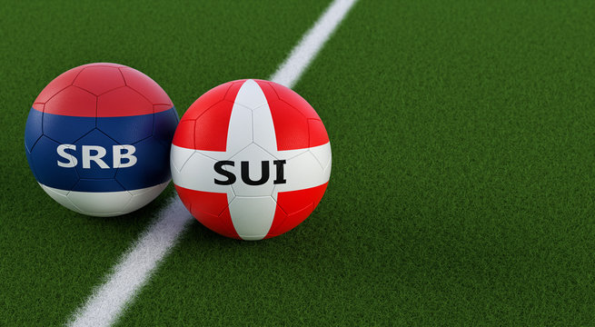 Serbia vs. Switzerland Soccer Match - Soccer balls in Serbian and Swiss national colors on a soccer field. Copy space on the right side - 3D Rendering 