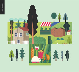 Simple things - houses - flat cartoon vector illustration of landscape, countryside house, tee meal, building, farm, trees, camp, jam, bakery, out of town, balcony with plants - houses composition
