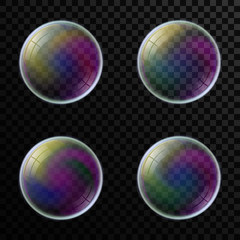 Multicolored realistic soap bubbles set with rainbow reflection on transparent background. Water sphere. 3D Vector illustration.