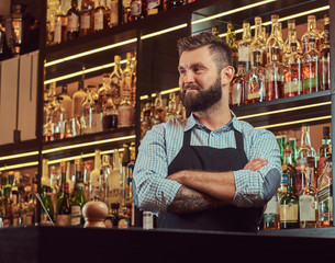 Stylish brutal bartender in a shirt and apron standing with crossed arms at bar counter background.
