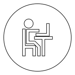 Human working at the laptop black icon in circle outline