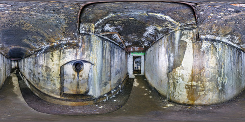 full seamless panorama 360 by 180 angle view inside ruined abandoned military underground casemates fortress of the First World War in equirectangular spherical projection, skybox horror VR content