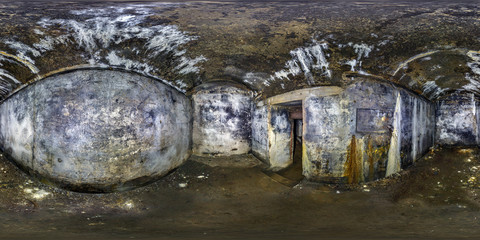 full seamless panorama 360 by 180 angle view inside ruined abandoned military underground casemates...
