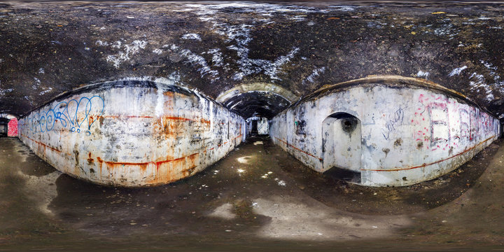 full seamless panorama 360 by 180 angle view inside ruined abandoned military underground casemates fortress of the First World War in equirectangular spherical projection, skybox horror VR content