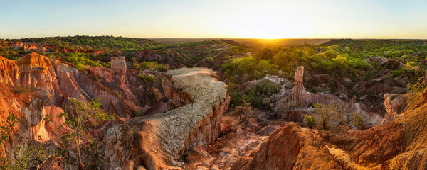 High resolution wide panorama of Marafa Depression (Hell's Kitchen sandstone canyon) in afternoon sunset light. Malindi, Kenya. - obrazy, fototapety, plakaty