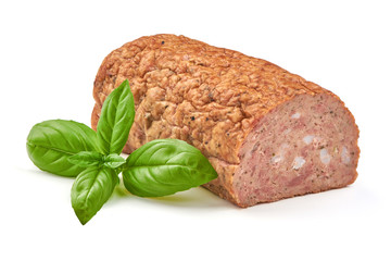 Baked meatloaf with boiled eggs, isolated on white background.