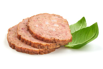 Baked meatloaf with boiled eggs, isolated on white background.