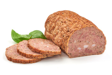 Baked meatloaf with boiled eggs, isolated on white background.