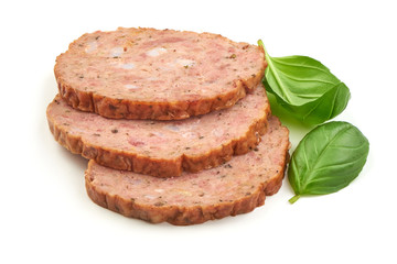 Baked meatloaf with boiled eggs, isolated on white background.