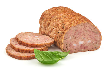 Baked meatloaf with boiled eggs, isolated on white background.