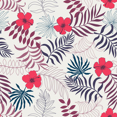 Fototapeta na wymiar Tropical background with palm leaves and flowers. Seamless floral pattern. Summer vector illustration