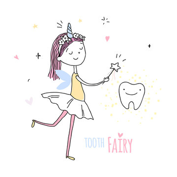 Smiling tooth fairy. Cute little happy fairy girl with tooth. Hand drawn vector cartoon doodle illustration