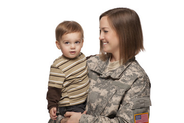 Female Army Soldier and Her Son Smiling and Happy