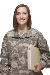 Female Army Soldier Holding File and Smiling