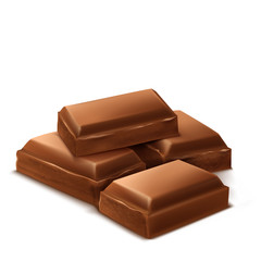 Vector 3d realistic chocolate pieces. Brown delicious bars for packaging mock up, package template, design element. Cocoa tasty product, yummy dark dessert.