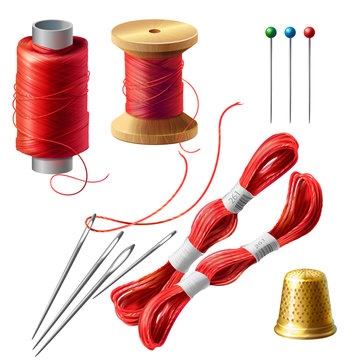 Vector 3d realistic tailor set. Wooden reel with threads, needles and pins for dressmaking, needlework. Sewing atelier collection. Metal thimble and coil of strands for handmade, hobby
