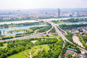 Panorama of the Danube or Donau river in Vienna, Austria