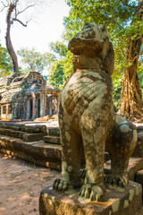 Lion statue in the old antient Ta Prohm Temple in Angkor Wat complex in Cambodia