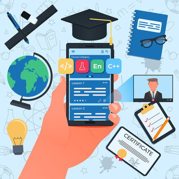 Online courses concept. Smartphone in the left hand. Vector illustration
