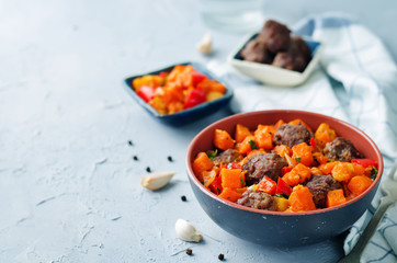 Pumpkin sweet potato Bell pepper stew with meatballs