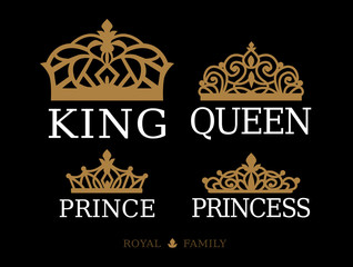 King,Queen, Prince and Princess - set of couple family design. White text and gold crown isolated on black background. For printable souvenir: t-shirt, pillow, mug, cup. Royal silhouette vector tiara - obrazy, fototapety, plakaty