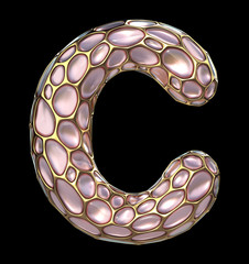 Golden shining metallic 3D with pink glass symbol capital letter C - uppercase isolated on black