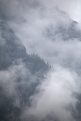 foggy clouds rising from dark mountain forest