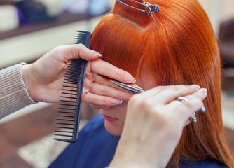 The hairdresser does a haircut with scissors of hair to a young with red hair girl in a beauty...