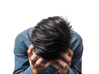 Fototapeta premium Business man stressed office bankruptcy, blue shirt isolated.