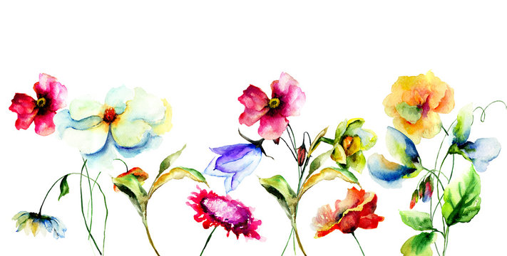 Template for greeting card with colorful wild flowers