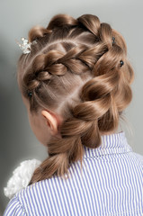 festive hairstyle from braid on a girl with long hair back view