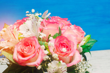 a bouquet of beautiful wedding flowers, pink roses. close up. place for text