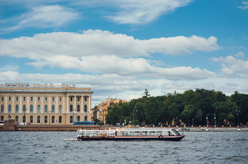 Panorama of St Petersburg, Russia, with Palace bridge over Neva river, golden dome of St Isaac cathedral, Admiralty building and Rostral Column