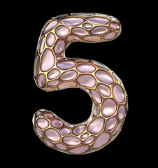 Number 5 five made of golden shining metallic 3D with pink glass isolated on black background.