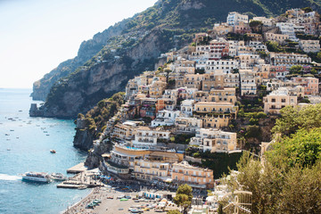 View of the cozy and cute town Positano on the Amalfi Coast, Italy at sunny summer day