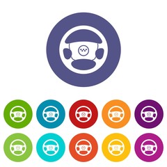 Steering wheel of taxi set icons in different colors isolated on white background