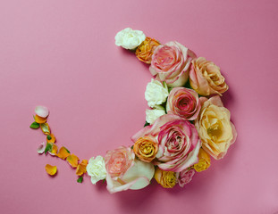 Live roses flowers frame. Beautiful floral background. Card Template to holidays or wedding