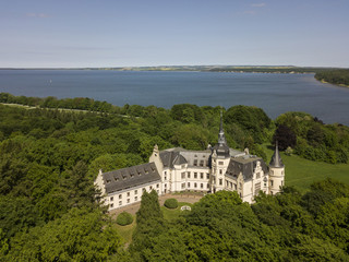 Fototapeta na wymiar Aerial view of Neo-Renaissance Ralswiek castle on the Ruegen island