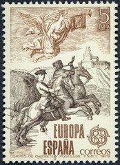 stamp printed in Spain shows Cabinet mail and postillon