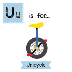 Letter U cute children colorful transportations ABC alphabet tracing flashcard of Unicycle for kids learning English vocabulary Vector Illustration. © natchapohn