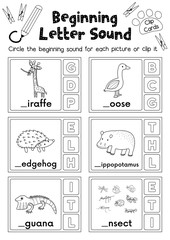 Clip cards matching game of beginning letter sound G, H, I for preschool kids activity worksheet in animals theme coloring printable version layout in A4.