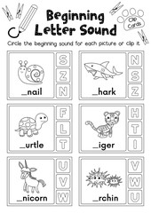Clip cards matching game of beginning letter sound S, T, U for preschool kids activity worksheet in animals theme coloring printable version layout in A4.